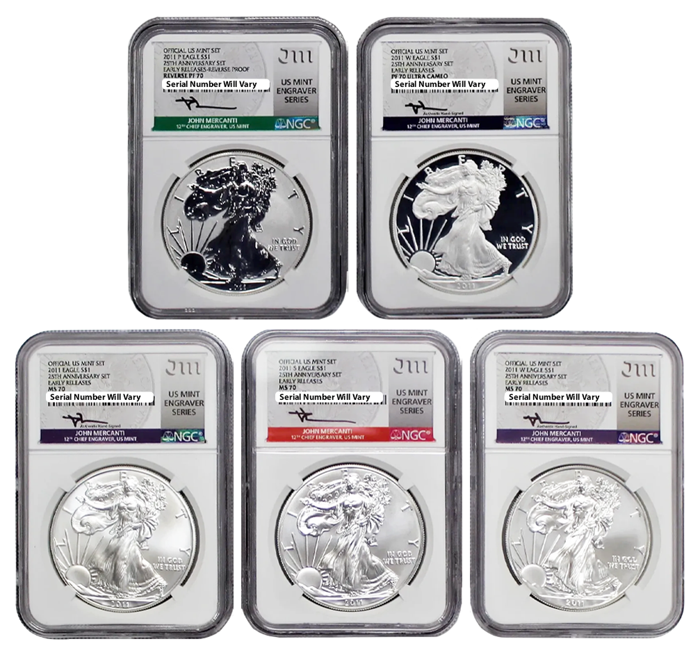 2011 Silver Eagle 25th Anniversary 5 Coin Set - Mercanti Signature - N –  CoinsTV