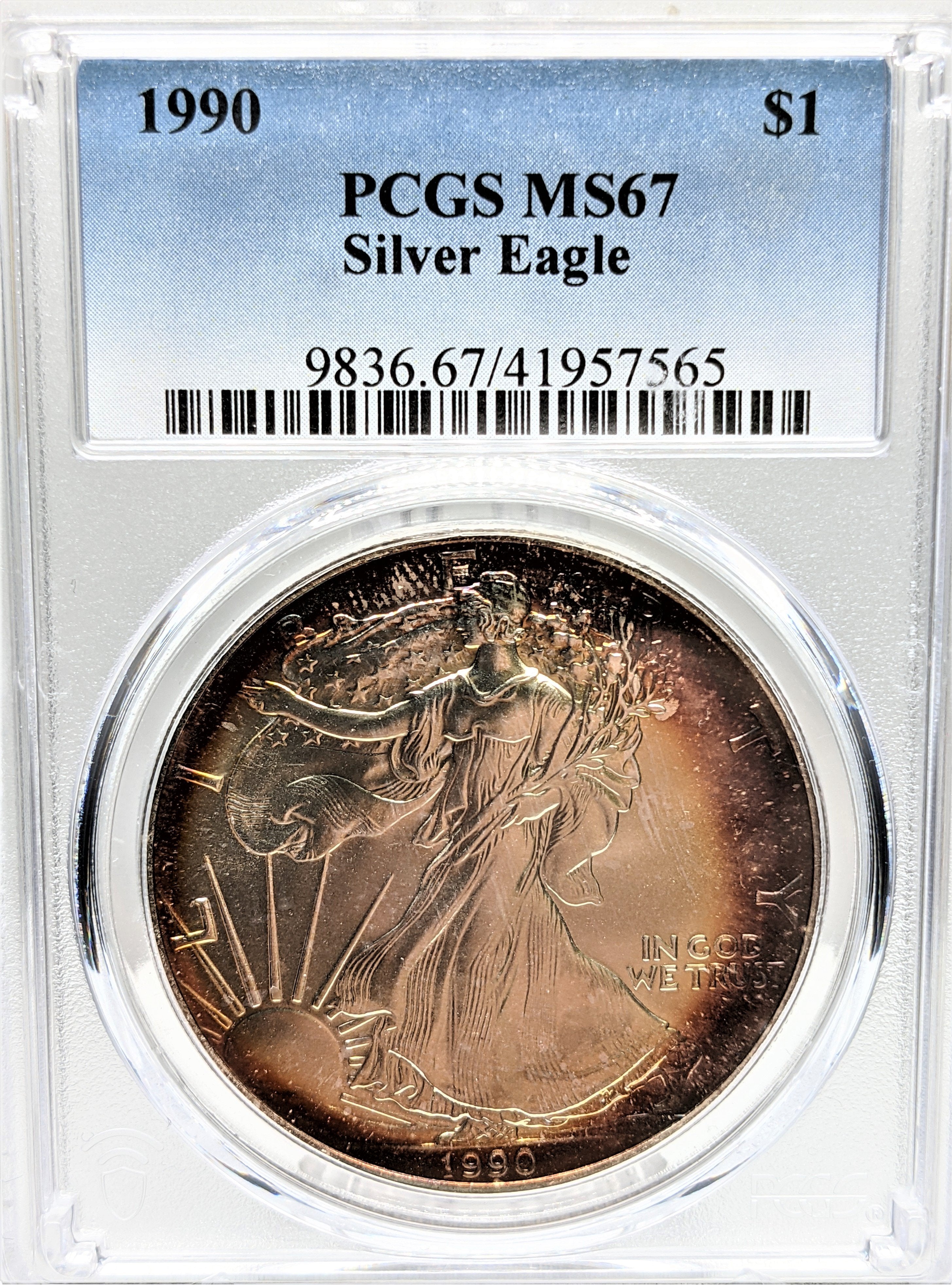 1990 Silver Eagle - Beautiful Toning - PCGS MS67 – CoinsTV