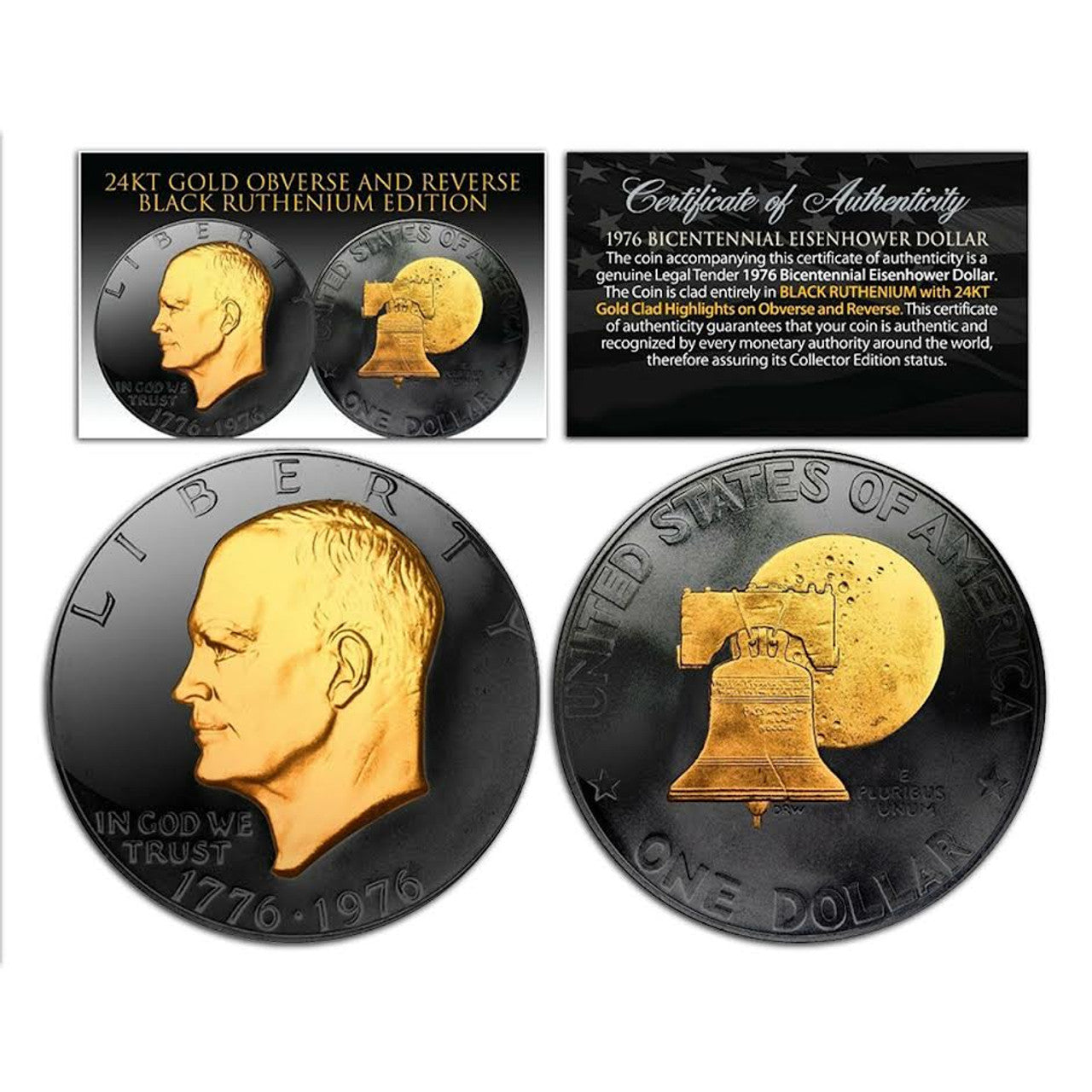 1976 Bicentennial Eisenhower Genuine Dollar - Black Ruthenium & 24k Gold Enhanced