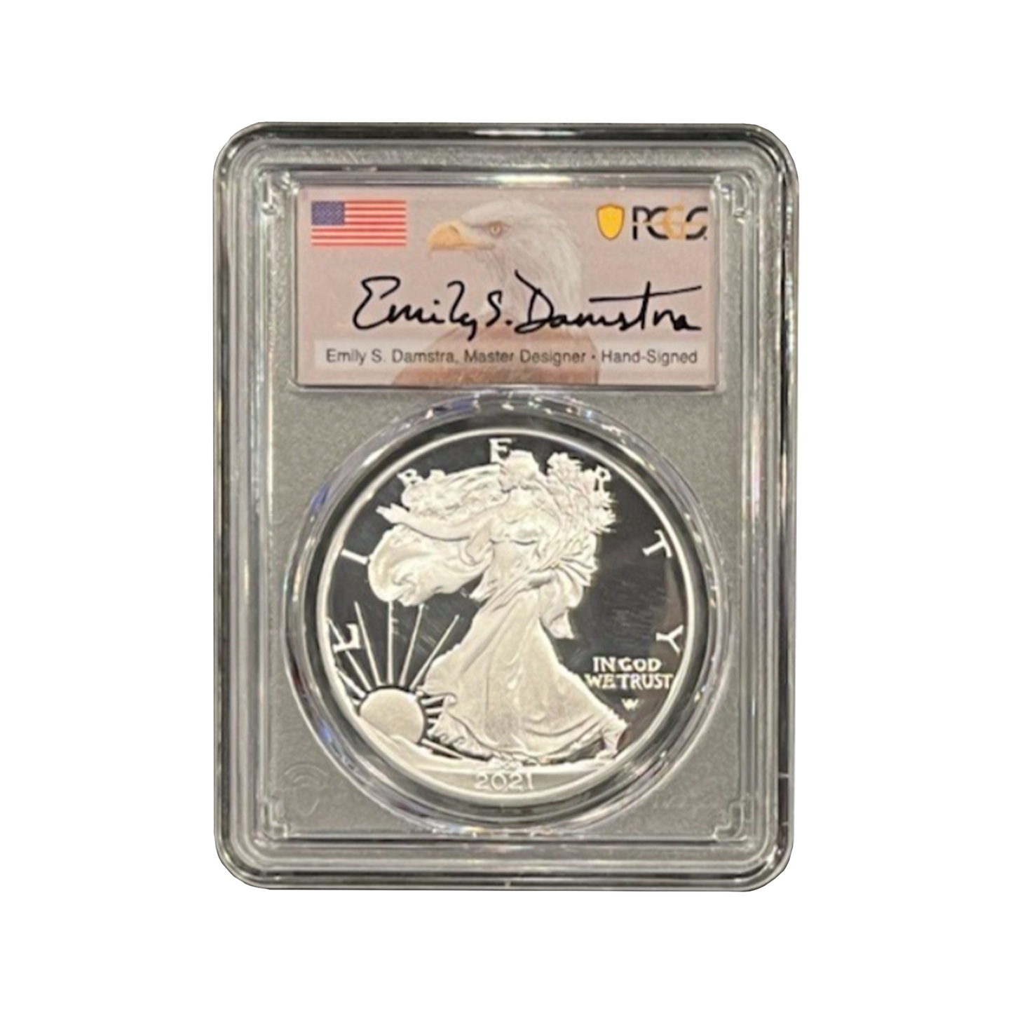 2021-S  Silver Eagle Type 2-  Emily Damstra Signature Label - PCGS PR70 DCAM  First Strike