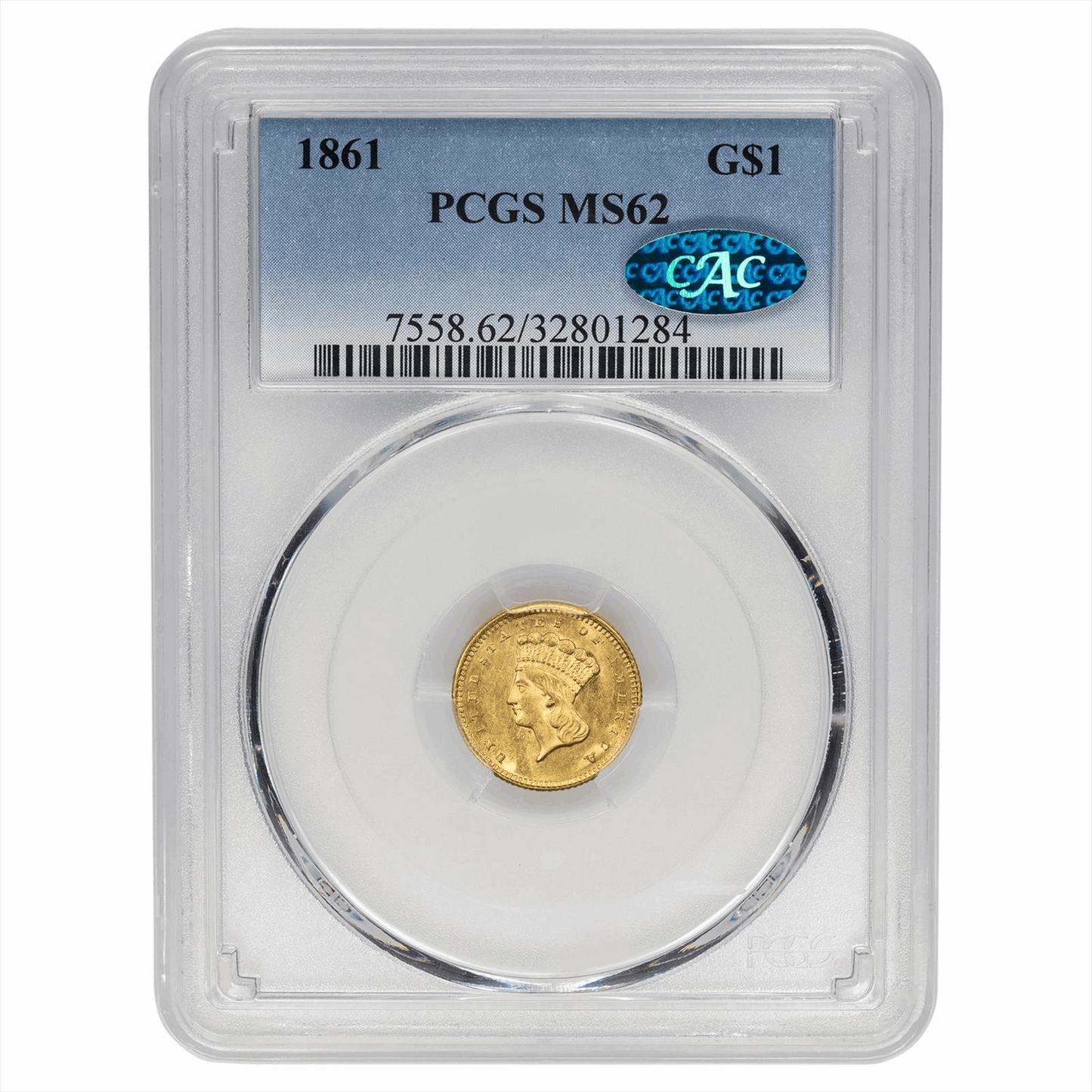 1861 Indian Princess Gold Dollar - PCGS MS62 CAC