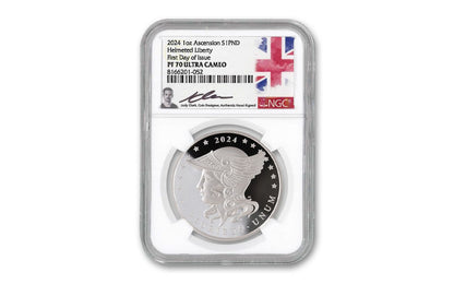 2024 Ascension Island Helmeted Liberty Proof 1 oz Silver - NGC PF 70 FDI