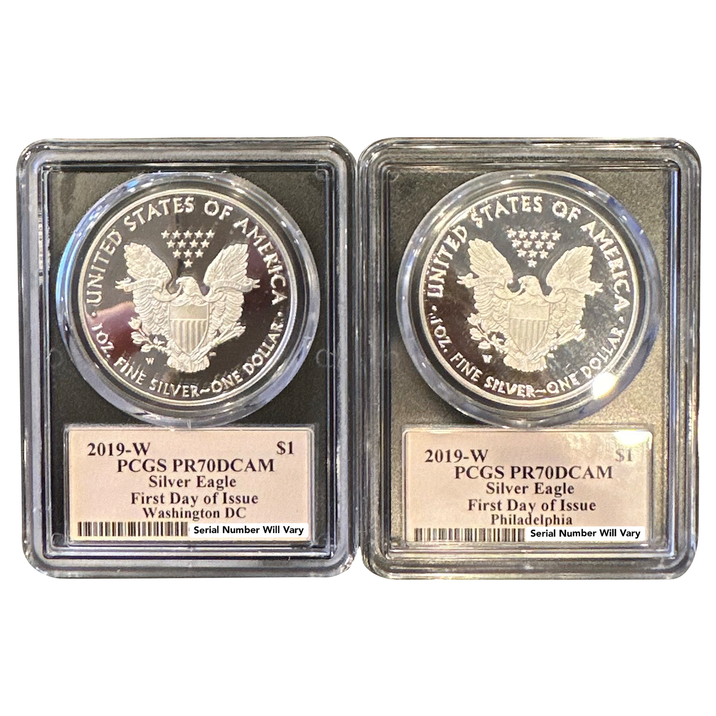 2019 W Proof Silver Eagle Two-piece Set- PCGS PR70 DCAM- Cleveland Signature FDOI-Washington DC & Philadelphia Release