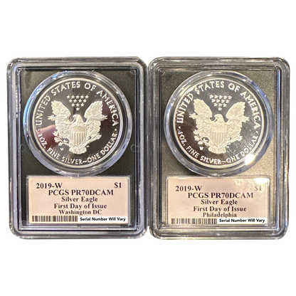 2019 W Proof Silver Eagle Two-piece Set- PCGS PR70 DCAM- Cleveland Signature FDOI-Washington DC & Philadelphia Release