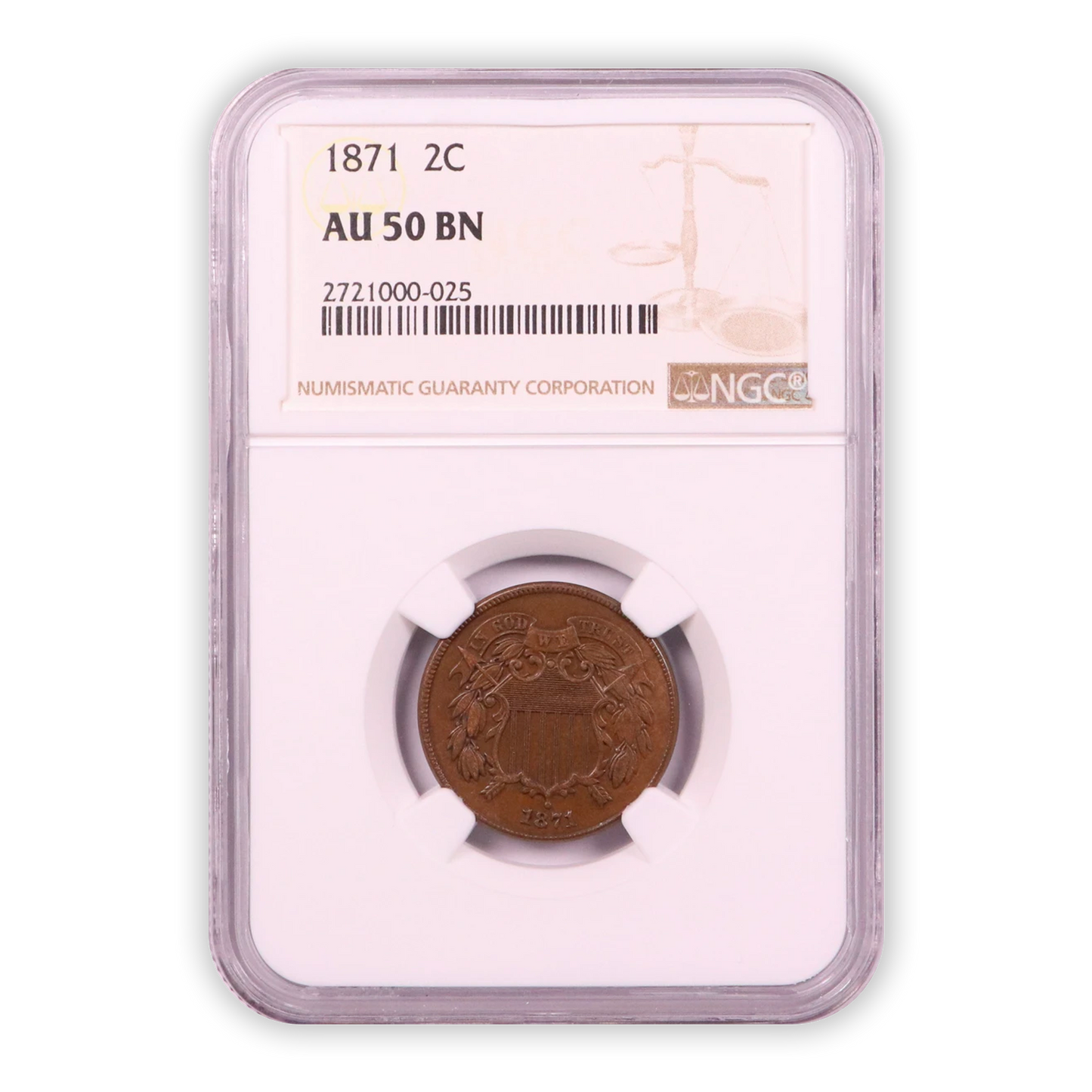 1871 Two Cent Piece Large Motto - NGC AU50 BN