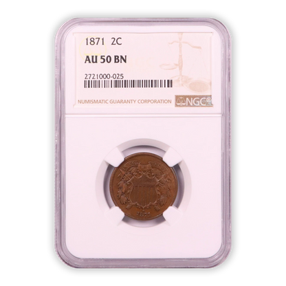 1871 Two Cent Piece Large Motto - NGC AU50 BN