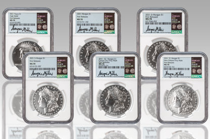 2021 Morgan Silver Dollar 6 pc Set - NGC MS70 First Release Wayne Miller Signature Label