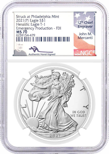 2021 P Silver Eagle - Type 1 - Business Strike - Philadelphia - NGC MS70 First Day of Issue Mercanti Flag Label