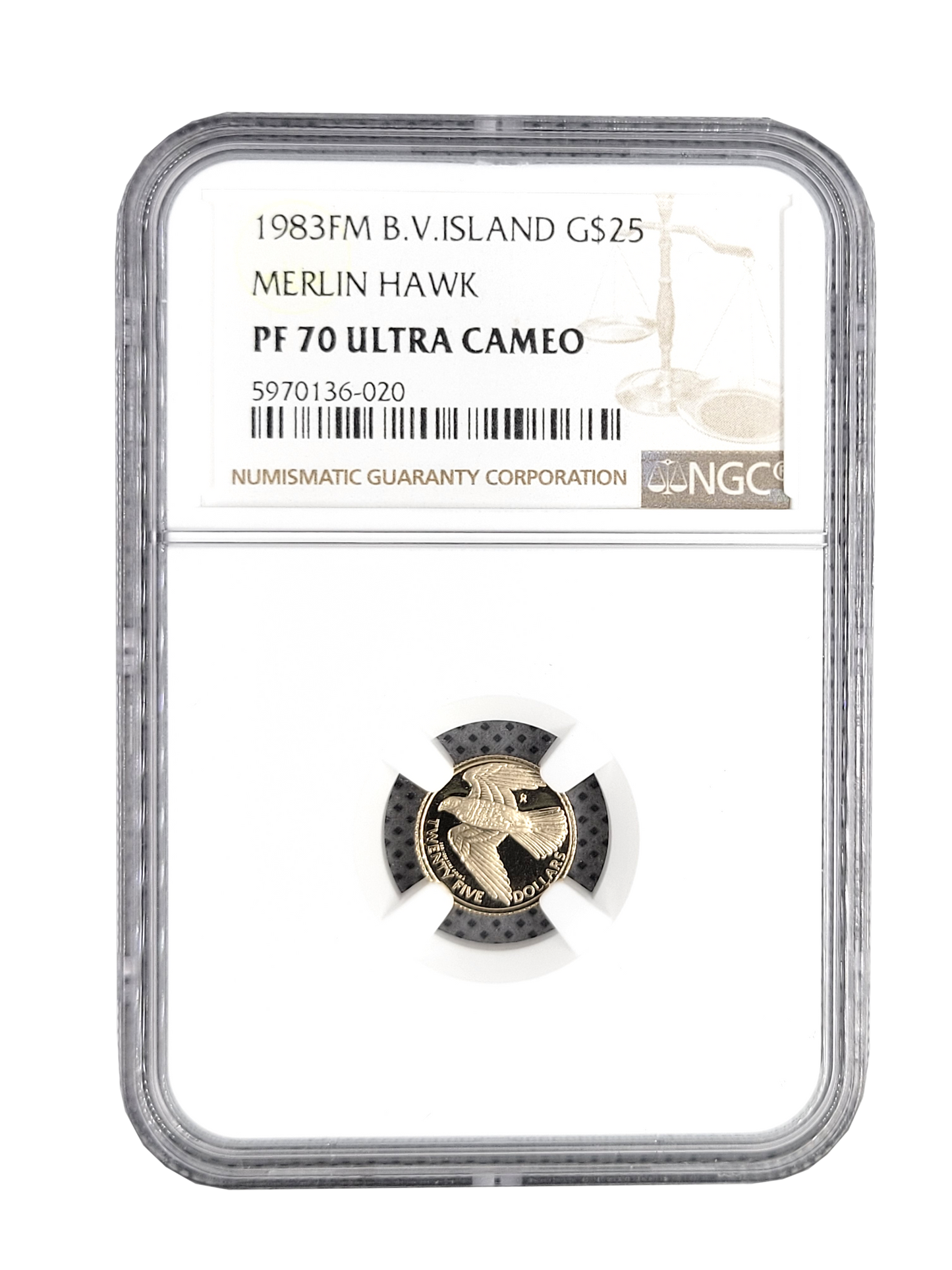 1983 FM B.V. Island G$25 NGC PF70 Ultra Cameo Merlin Hawk