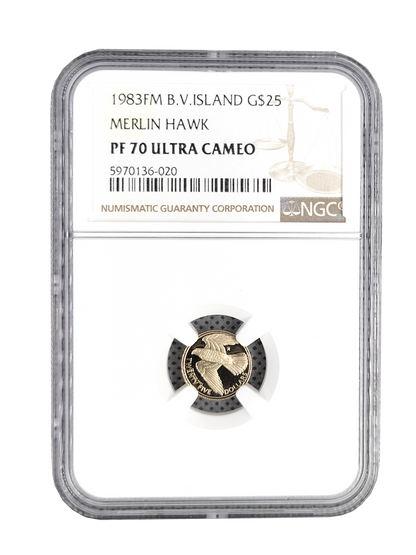 1983 FM B.V. Island G$25 NGC PF70 Ultra Cameo Merlin Hawk