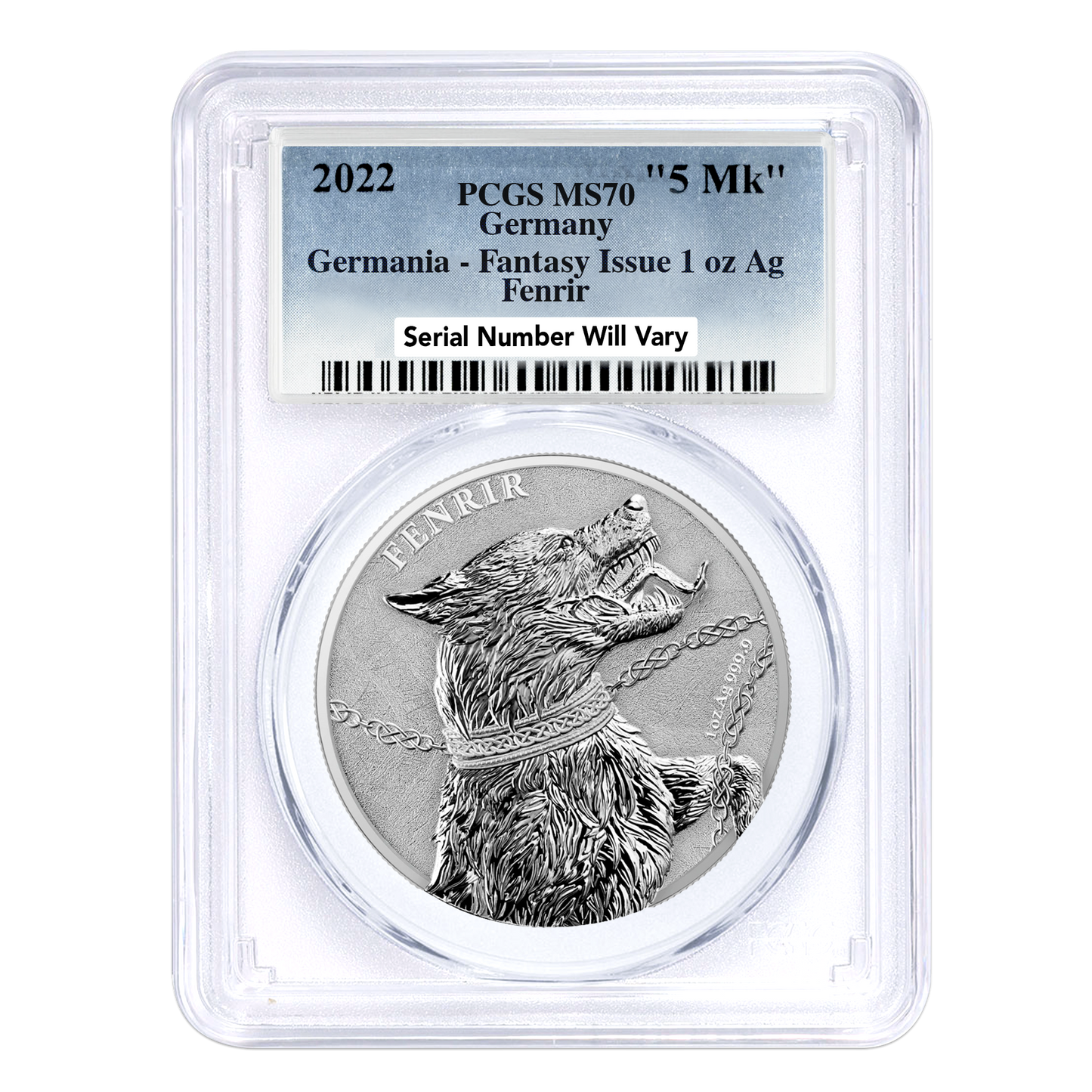 2022 1 oz Germania Fenrir Silver 5 Mark Fantasy Issue - PCGS MS70