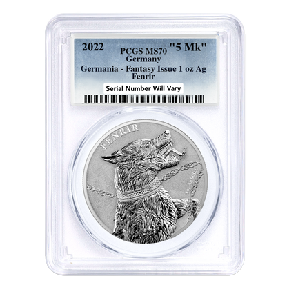 2022 1 oz Germania Fenrir Silver 5 Mark Fantasy Issue - PCGS MS70