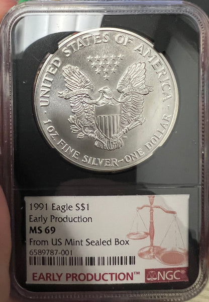 1991 Silver Eagle NGC MS69 Early Production Cabral Standish Dual Signature Label