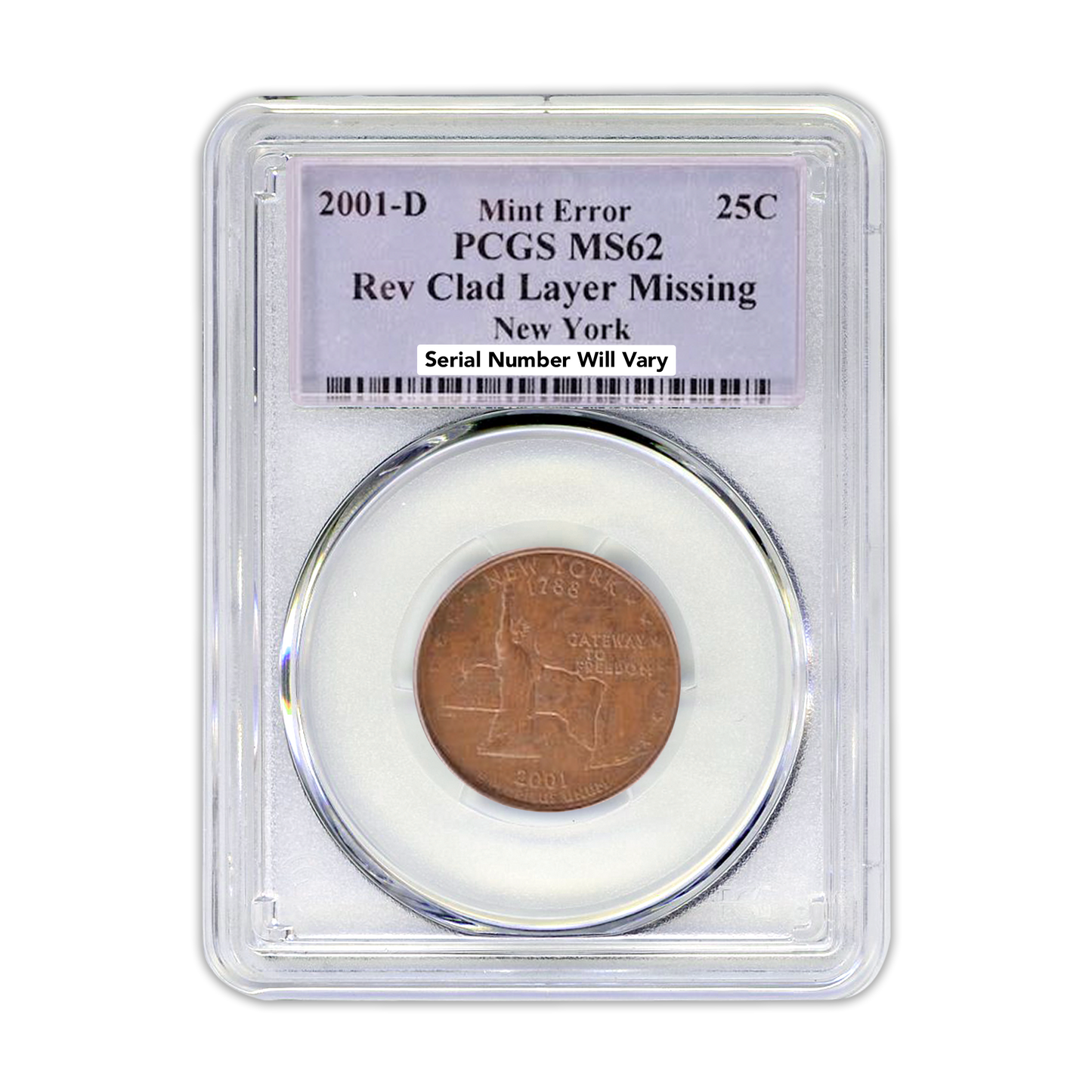 2001 New York  Quarter - Reverse Missing Clad Layer - PCGS MS62 RB