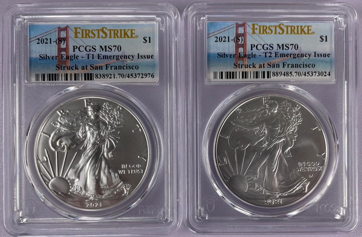 2021 (S) Silver Eagle Type 1/Type 2 - First Strike Emergency Issue - 2 Piece Set PCGS MS70