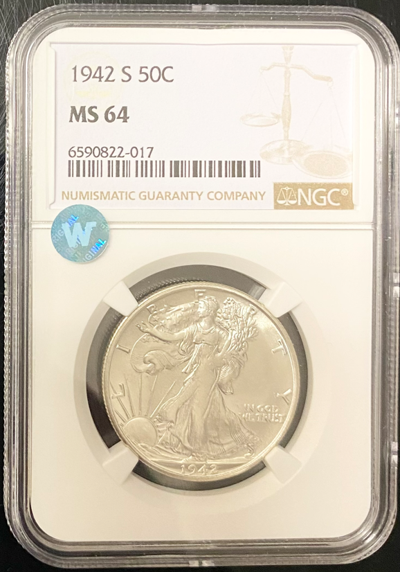 1942-S Walking Liberty Silver Half Dollar - NGC MS64 Sight White