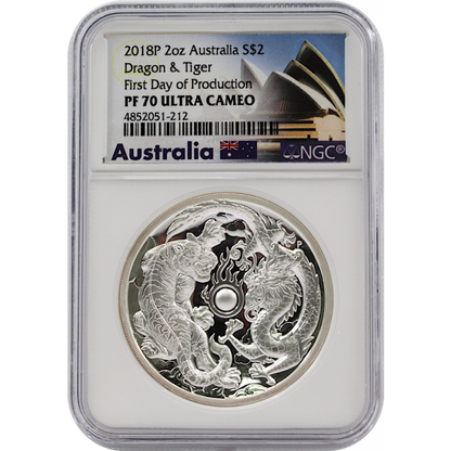 2018 Dragon and Tiger 2 Oz Silver - Perth Mint - NGC Proof 70